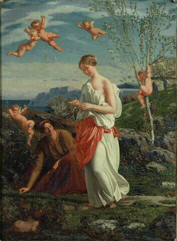 Deux jeunes filles cueillant des fleurs