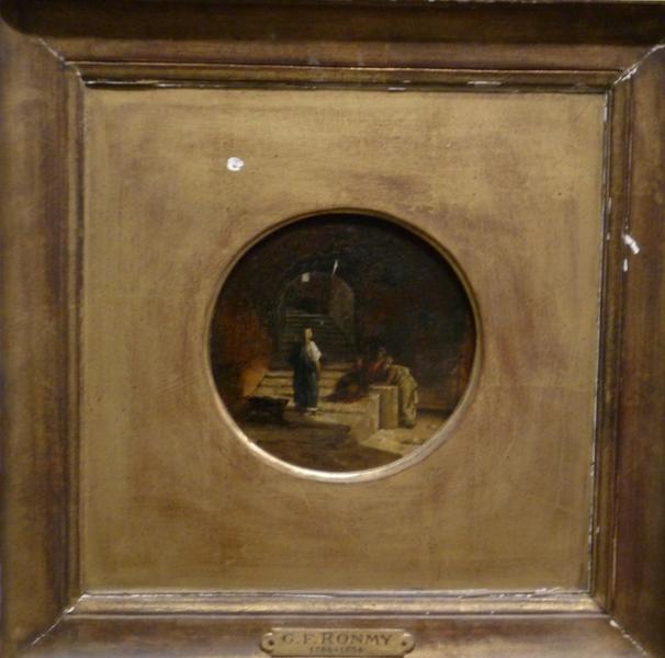 SCENE ORIENTALE AVEC TROIS PERSONNAGES.DIT AUSSI TROIS PERSONNAGES DANS UN ESCALIER