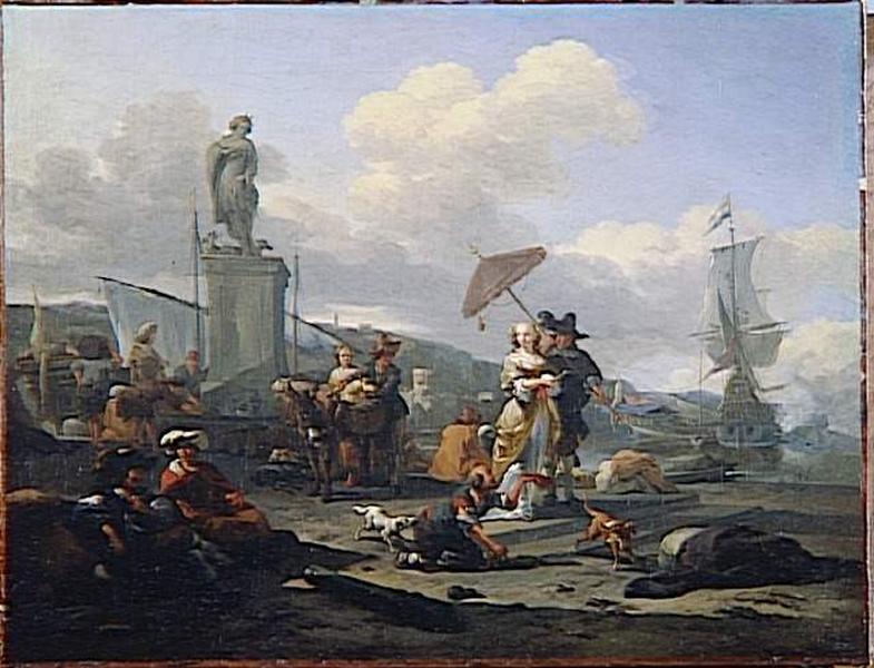 COUPLE SEIGNEURIAL SUR UN PORT DE MER AVEC UNE STATUE DE DIANE