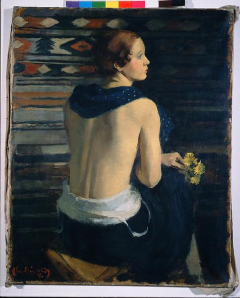 FEMME A L'ECHARPE BLEUE