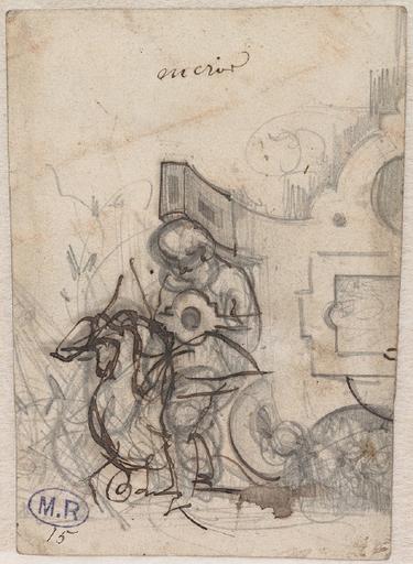 ENCRIER : ENFANT A CALIFOURCHON SUR UN MOTIF ORNEMENTAL AU RECTO ; DEUX PERSONNAGES AU VERSO