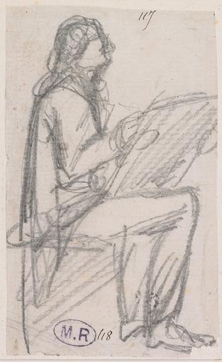 HOMME ASSIS DE PROFIL, UN CARTON POSE SUR LES GENOUX