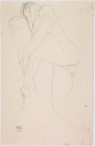 FEMME NUE DE PROFIL A GAUCHE, UN GENOU EN TERRE ; REPRISE DU VISAGE EN HAUT A GAUCHE