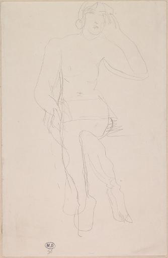 FEMME NUE ASSISE, DE FACE, JAMBES CROISEES ET MAIN AU VISAGE ; ELLE TIENT UN PAPIER SUR LES GENOUX