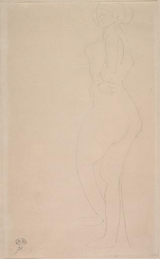 FEMME NUE DEBOUT, DE PROFIL A GAUCHE, UN POING A LA TAILLE