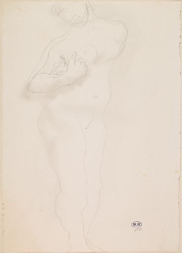 FEMME NUE DEBOUT TOURNEE VERS LA DROITE, UNE MAIN PRES D'UN SEIN