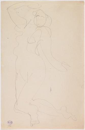 FEMME NUE TOURNEE VERS LA GAUCHE, UN GENOU EN TERRE, UN BRAS PRES DU VISAGE, L'AUTRE ECARTE