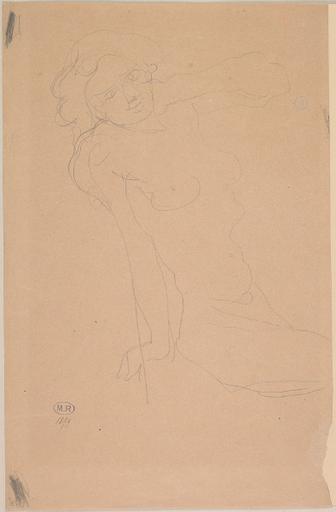 FEMME NUE ASSISE VERS LA DROITE, UNE MAIN A LA NUQUE L'AUTRE EN APPUI AU RECTO ; VISAGE DE FEMME, SEXE DE FEMME (RAYE) , SEXE D'HOMME (RAYE) AU VERSO