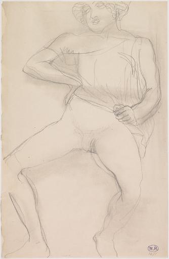 FEMME ASSISE, DE FACE, JAMBES ECARTEES, LE VETEMENT RELEVE JUSQU'A LA TAILLE