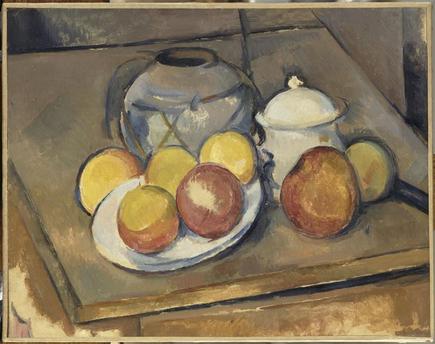 Vase paille, sucrier et pommes