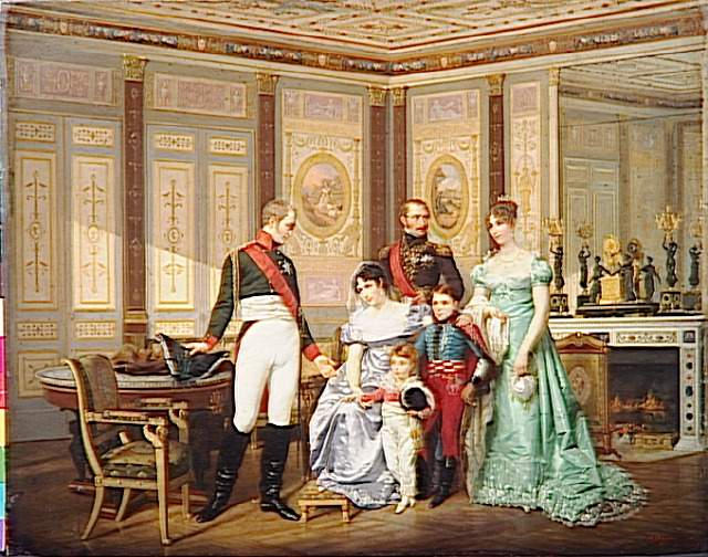 L'impératrice Joséphine reçoit à la Malmaison la visite du Tsar Alexandre Ier,  à qui elle recommande ses enfants, le prince Eugène, la reine Hortense et ses fils Napoléon-Louis et Louis-Napoléon (futur Napoléon III) (mai 1814)