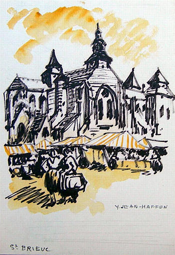 Le marché près de la cathédrale de St Brieuc (projet) [titre attribué]