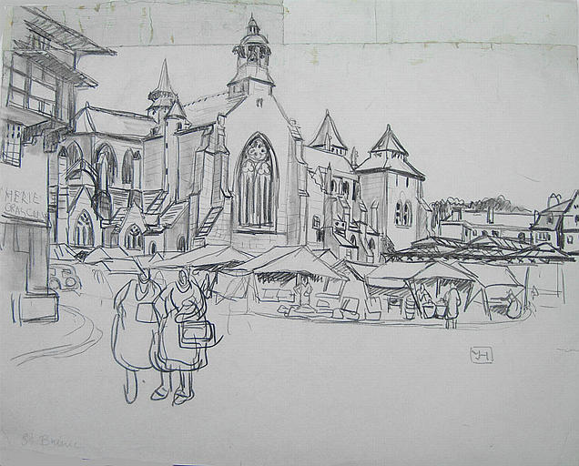 St Brieuc : marché, halles et cathédrale (étude) [titre attribué]