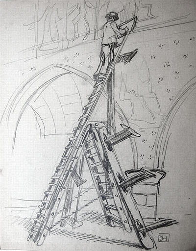 Mathurin Méheut relevant les fresques de Kermaria (la danse macabre) croquis [titre attribué]