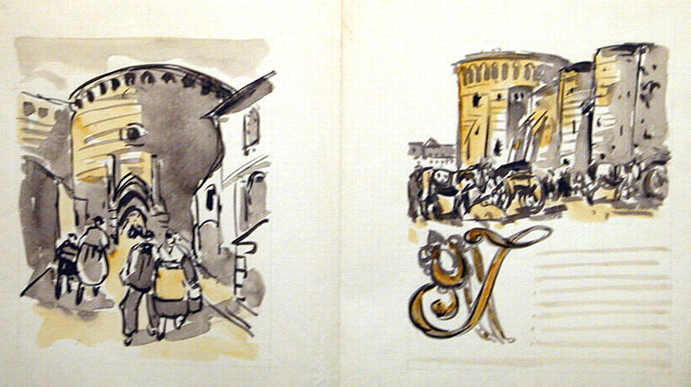 A : Porte du Jerzual, en montant le Petit Fort ; B : Marché devant la porte du Guichet [titre attribué]