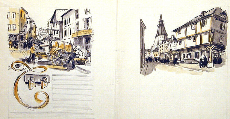 A : Descente du tonneau ; B : rue de l'Horloge [titre attribué]