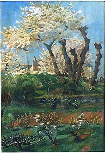 Cerisiers en fleurs et chênes tors [titre attribué]
