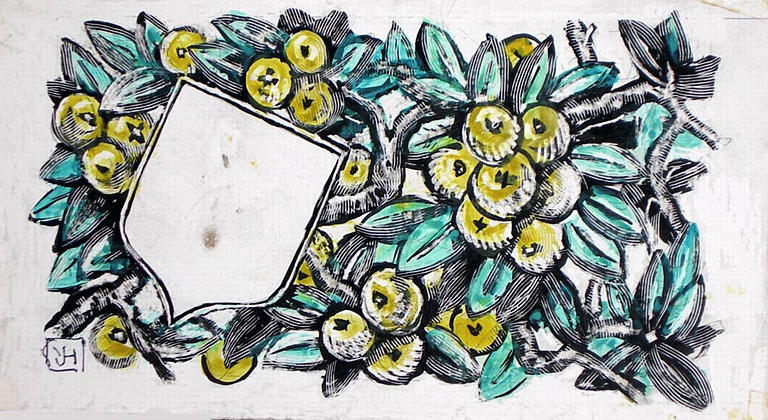 Pommes et blason (motif décoratif) [titre attribué]