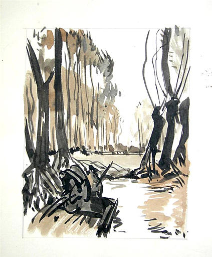 Pages 73, 74, 87 et 88 : peupliers dans le marais (esquisse) [titre attribué]