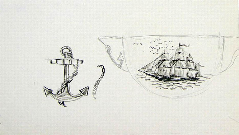 Ancre de marine et trois-mâts [titre attribué]