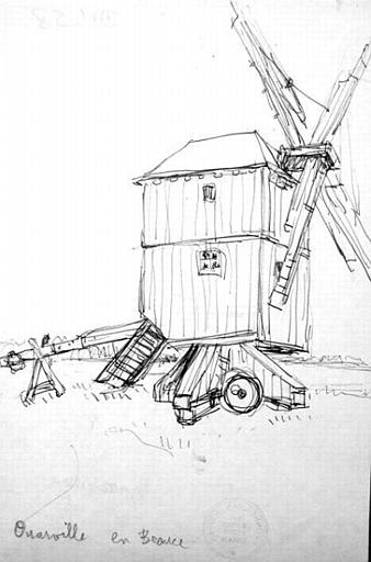 Moulin de bois à Ouarville dans la Beauce (croquis, titre inscrit)