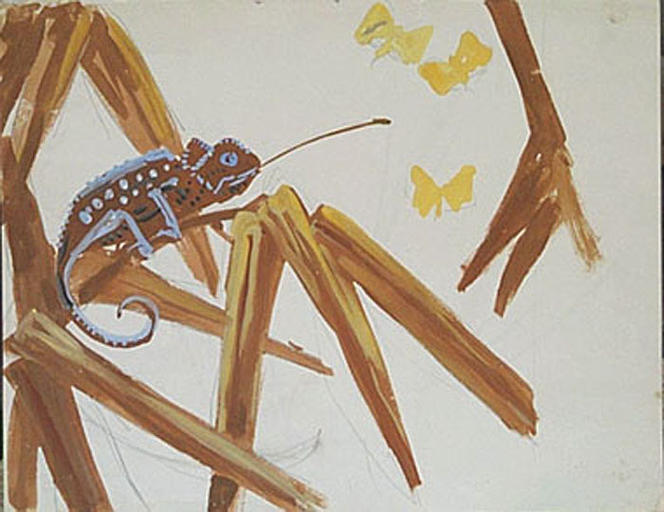 Caméléon brun et papillons (étude) [titre attribué]