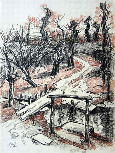Ruisseau et passerelle de bois [titre attribué]