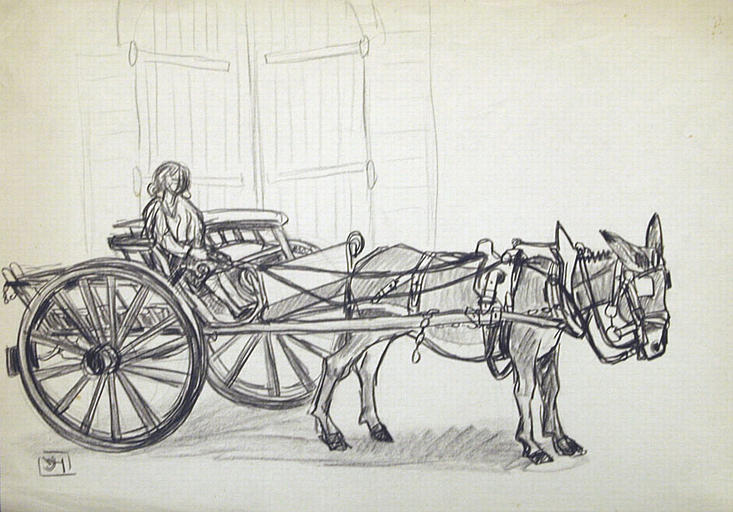 Fontenille : Claudine conduisant l'ânesse Louloute à Fontenille (esquisse : titre inscrit)