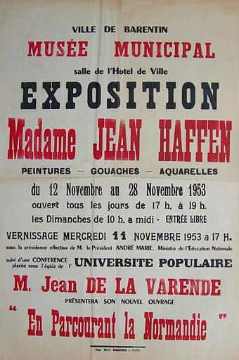 BARENTIN ; Musée Municipal ; Du 12 au 28 novembre 1953 (exposition Yvonne Jean-Haffen) [titre attribué]