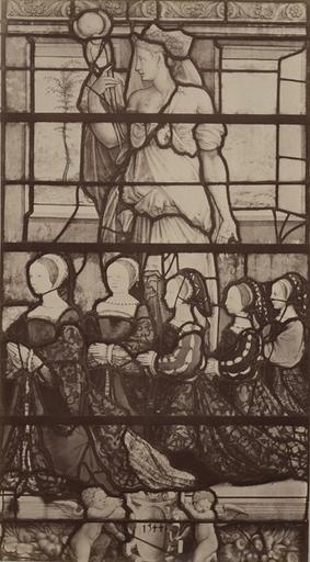 Vitrail de la chapelle de Chantilly : l'épouse du connétable Anne de Montmorency et ses enfants. 1544