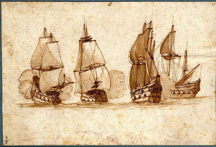 QUATRE VAISSEAUX DE GUERRE TIRANT LE CANON