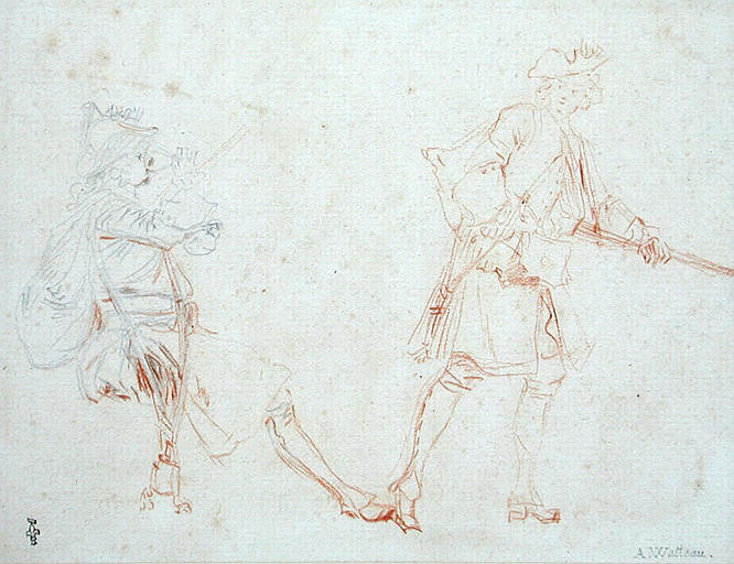 Deux soldats, l'un assis et buvant, l'autre debout et marchant