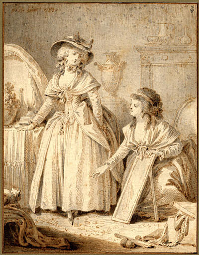 SCENE DE TOILETTE ; DEUX FEMMES DONT L'UNE EST A GENOUX