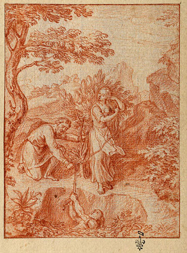 EPISODE DES AMOURS PASTORALES DE DAPHNIS ET CHLOE : CHLOE, POUR SAUVER DAPHNIS FAIT UNE CORDE EN TRESSANT SES CHEVEUX