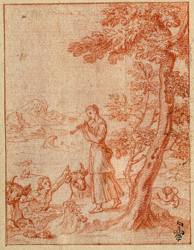EPISODE DES AMOURS PASTORALES DE DAPHNIS ET CHLOE : CHLOE ATTIRE LES BOEUFS ET RAMENE DAPHNIS EN JOUANT DE LA FLUTE
