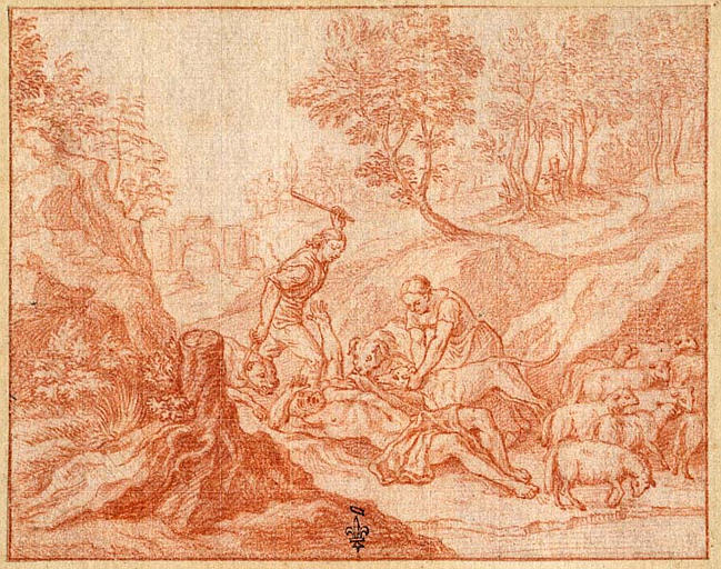 EPISODE DES AMOURS PASTORALES DE DAPHNIS ET CHLOE : DORCON LE VACHER S'EST DEGUISE EN LOUP POUR SURPRENDRE DAPHNIS ET CHLOE, MAIS IL SE FAIT ATTRAPER PAR DES CHIENS
