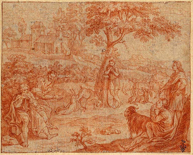 EPISODE DES AMOURS PASTORALES DE DAPHNIS ET CHLOE : DAPHNIS JOUE DE LA FLUTE POUR SES CHEVRES DEVANT SES MAITRES