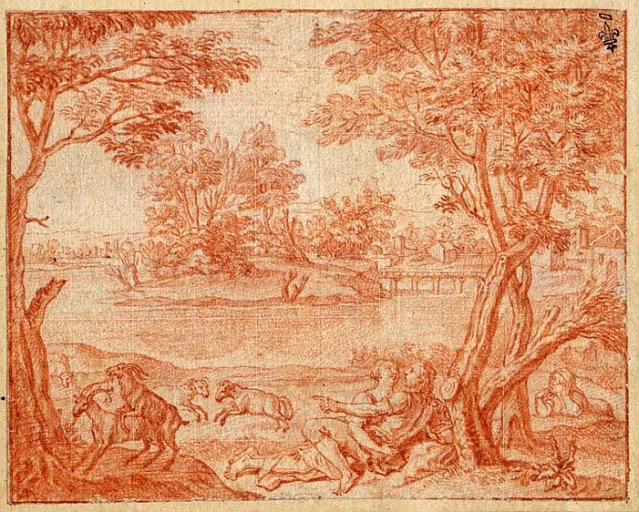 EPISODE DES AMOURS PASTORALES DE DAPHNIS ET CHLOE ; DAPHNIS ET CHLOE ENLACES OBSERVES PAR LYCENION
