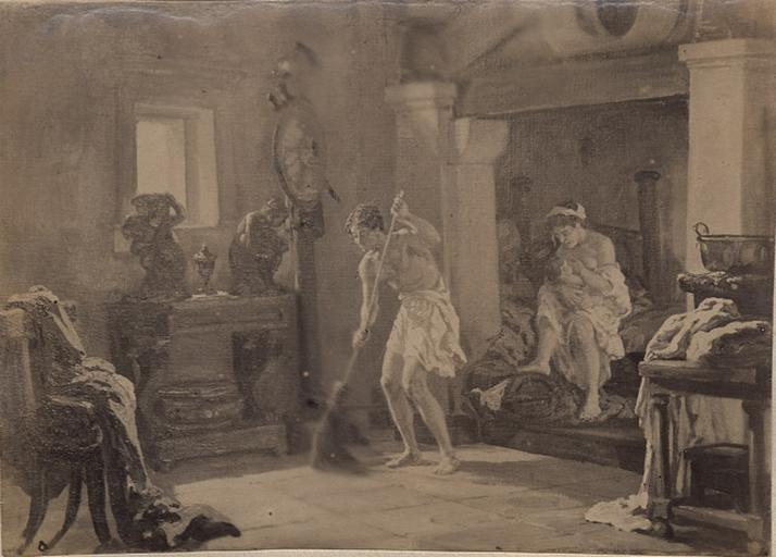 P. Courier. L'avarice. En se levant il balaie la maison. (D'après Théophraste)