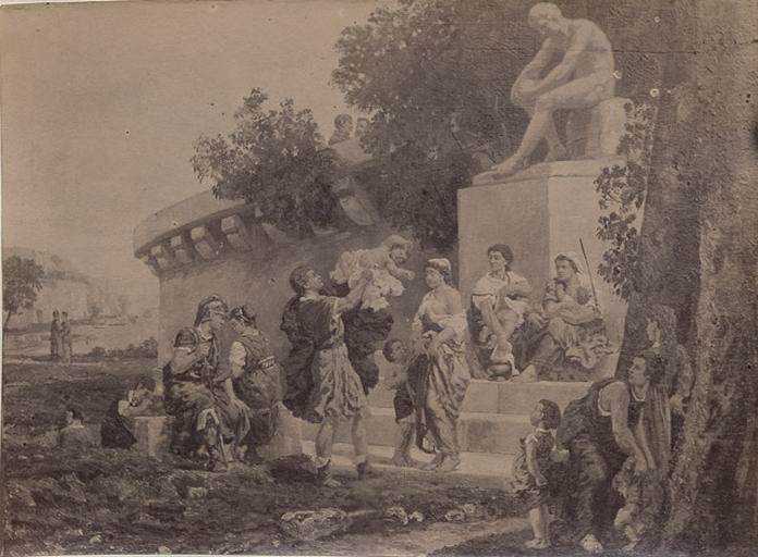 P. Courier. La Ladrerie. Il ôte un enfant à sa nourrice, le tapote, le fait manger et le balance en sifflant (d'après Théophaste)