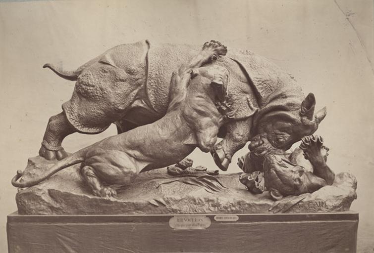 Rhinocéros attaqué par des tigres par Auguste Cain, hors concours.1882