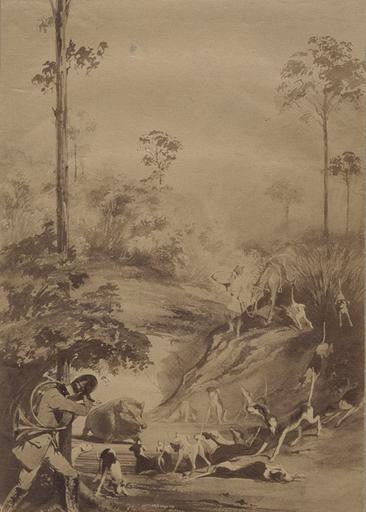 Reproduction d'une aquarelle : scène de chasse