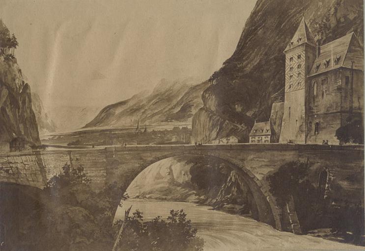 Reproduction d'une aquarelle : vue d'un pont