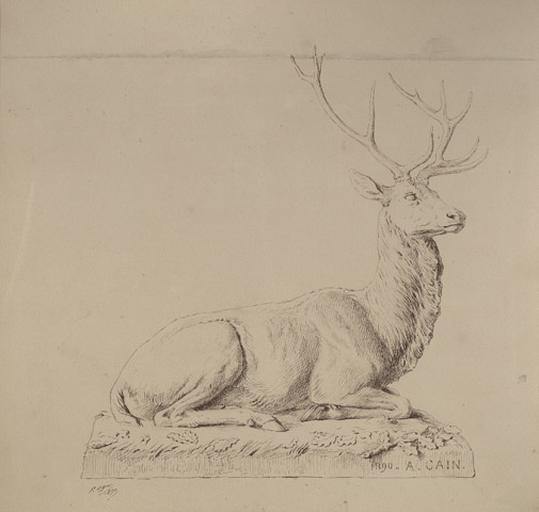 Cerf assis par Auguste Cain.1890 : dessin à la plume par F. Oger. 1890