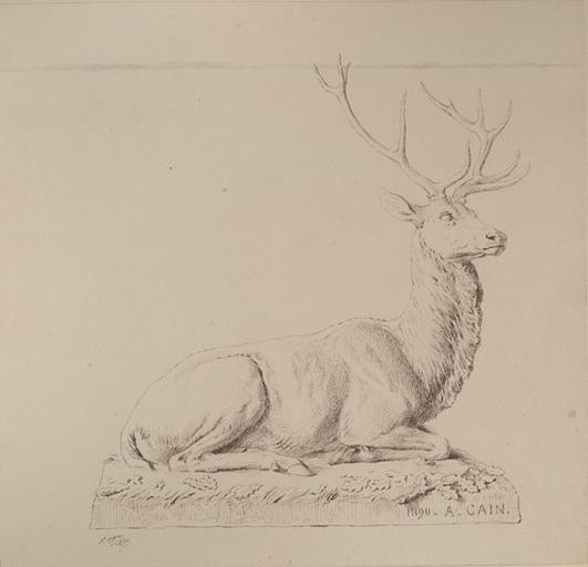 Cerf assis par Auguste Cain.1890 : dessin à la plume par F. Oger. 1890