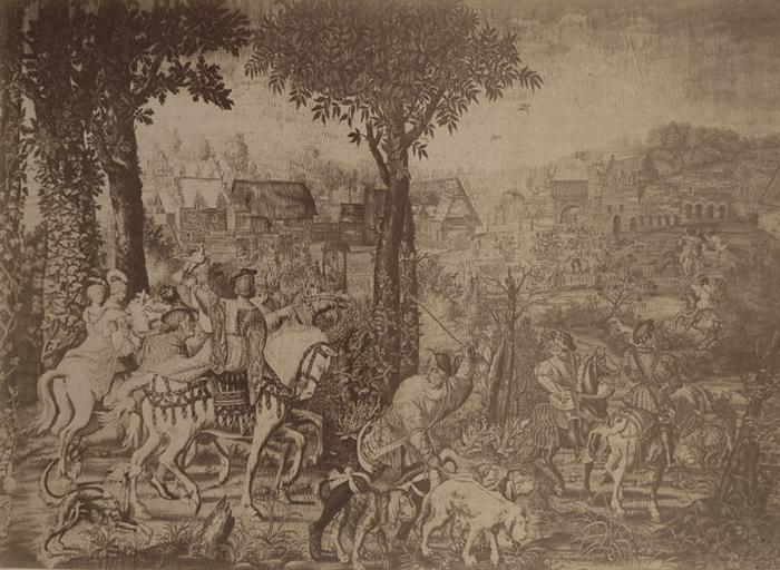 Reproduction d'une tapisserie de Guise : chasse au faucon
