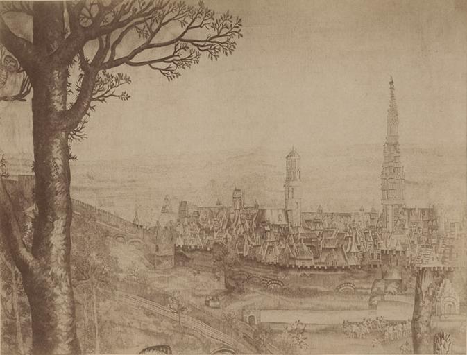 Reproduction d'une tapisserie de Guise : détail d'une ville