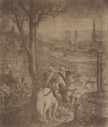 Reproduction d'une tapisserie de Guise : détail de cavaliers et d'une ville