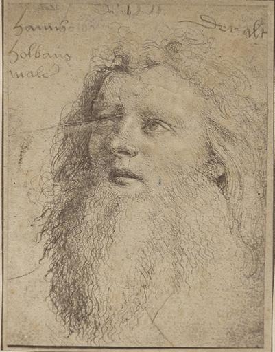 Reproduction d'un dessin de Holbein : tête d'homme barbu tourné à droite