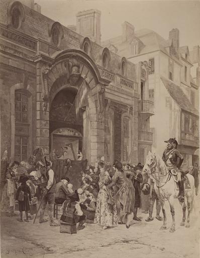 Reproduction d'après Georges Cain. 1863, le marionnettiste devant l'hôtel d'un noble à vendre durant la révolution